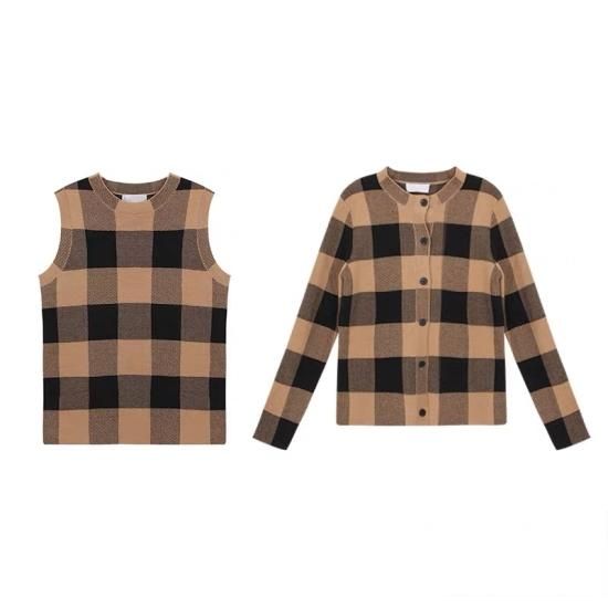 ブロックチェック ニットアンサンブル カーディガン＋トップス