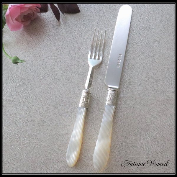 Victorian Sterling Silver MOP Knife & Fork 英国アンティークシルバー 白蝶貝デザートナイフ＆フォーク（銀925）Martin  Hall & Co Ltd - アンティークヴェルメイユ