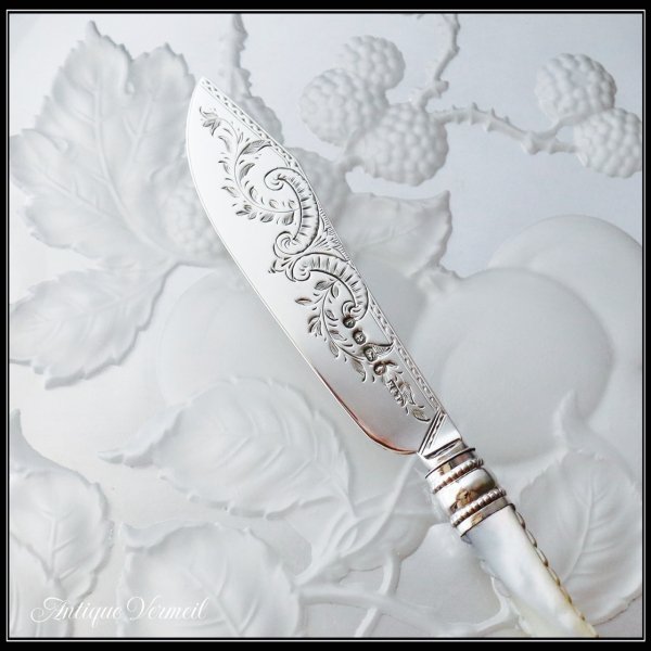 Victorian Sterling Silver MOP Butter Knife 英国アンティークシルバー 白蝶貝 バターナイフ H&T（銀925）  - アンティークヴェルメイユ