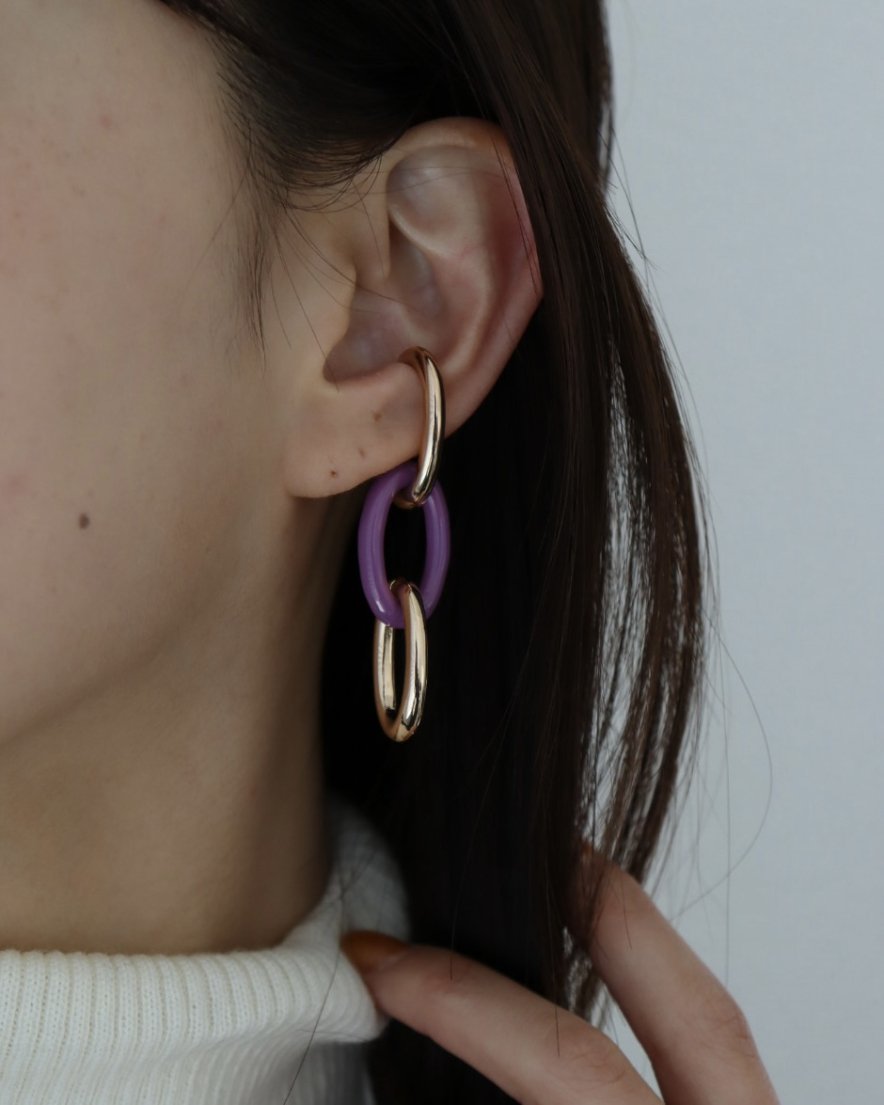 Color Mixed Triple Chain Ear Cuff(GD/SV×Beige/Purple)