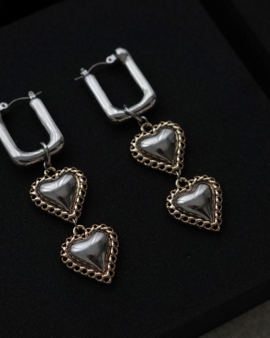 Big Square Double Heart Chain Pierce<br>(GD/SV)
