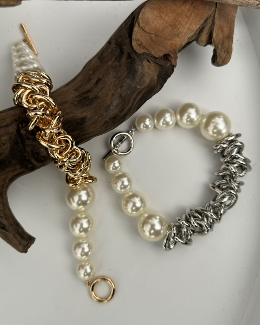 Overlapping Chain and Pearl<br>Bracelet<br>(GD/SV)

