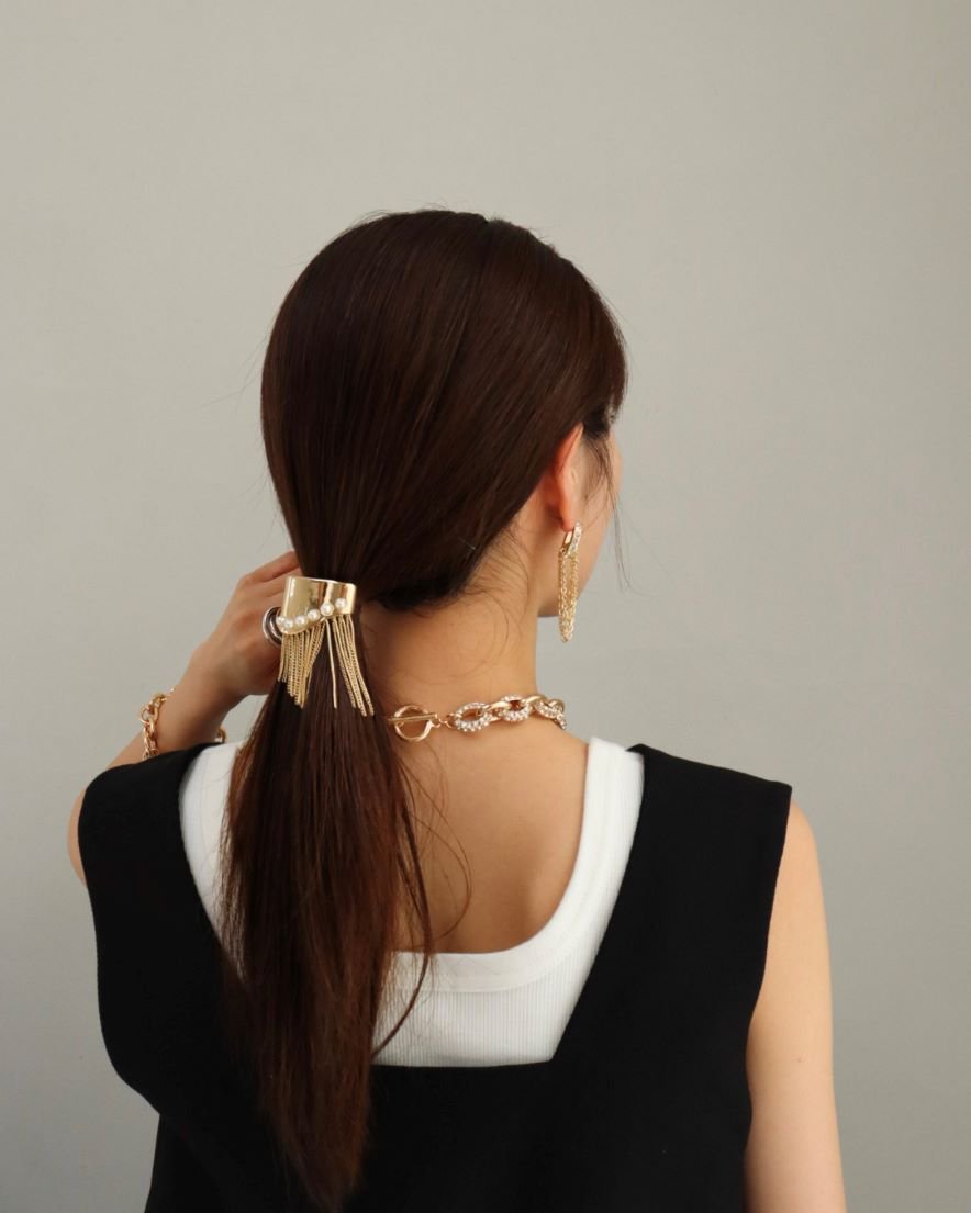 Pearl on Plate Chain Hair Cuff<br>(GD/SV)