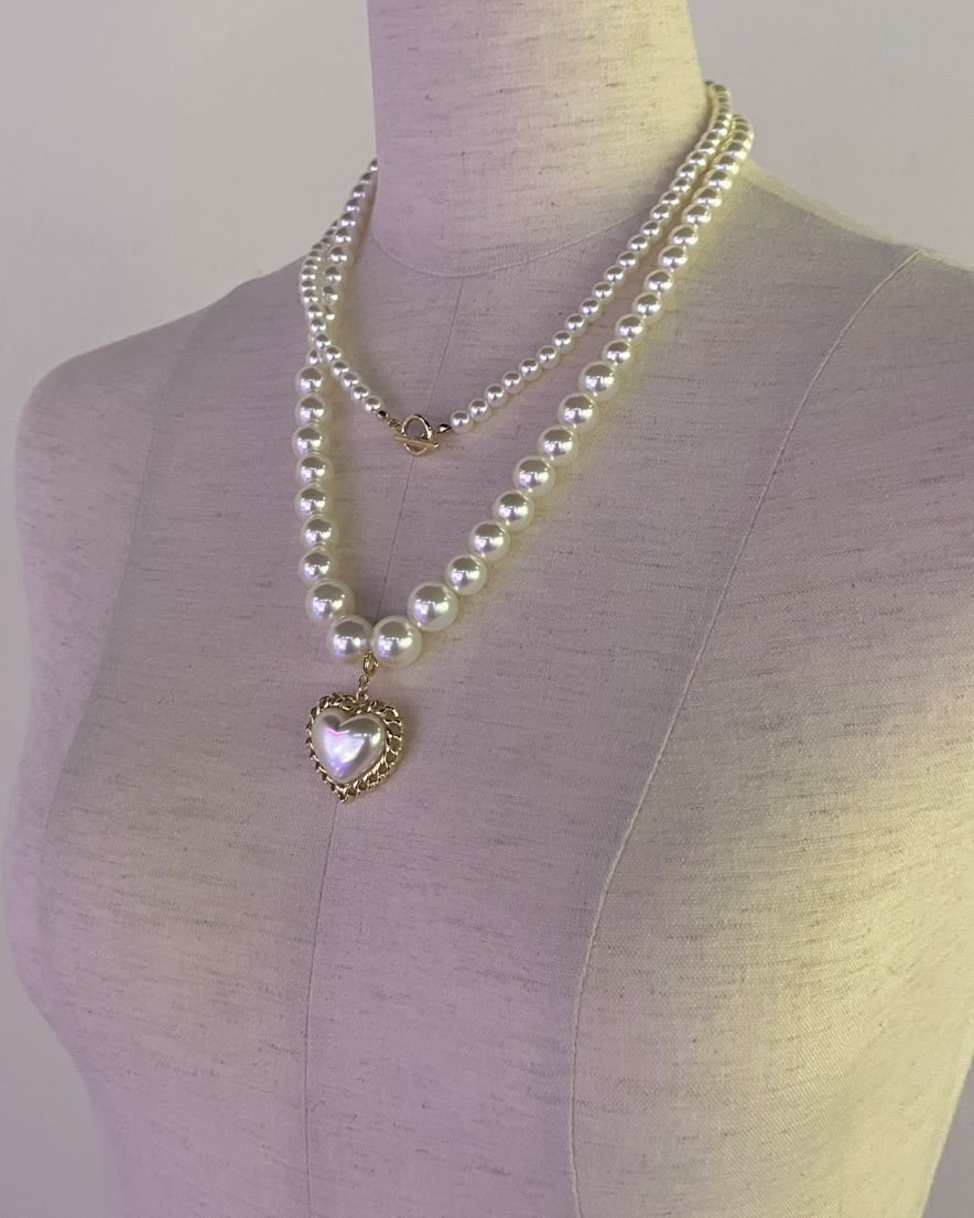 ͽImpact Pearl Heart Chain <br>Double-layered Pearl Necklace<br>(GD/SV)