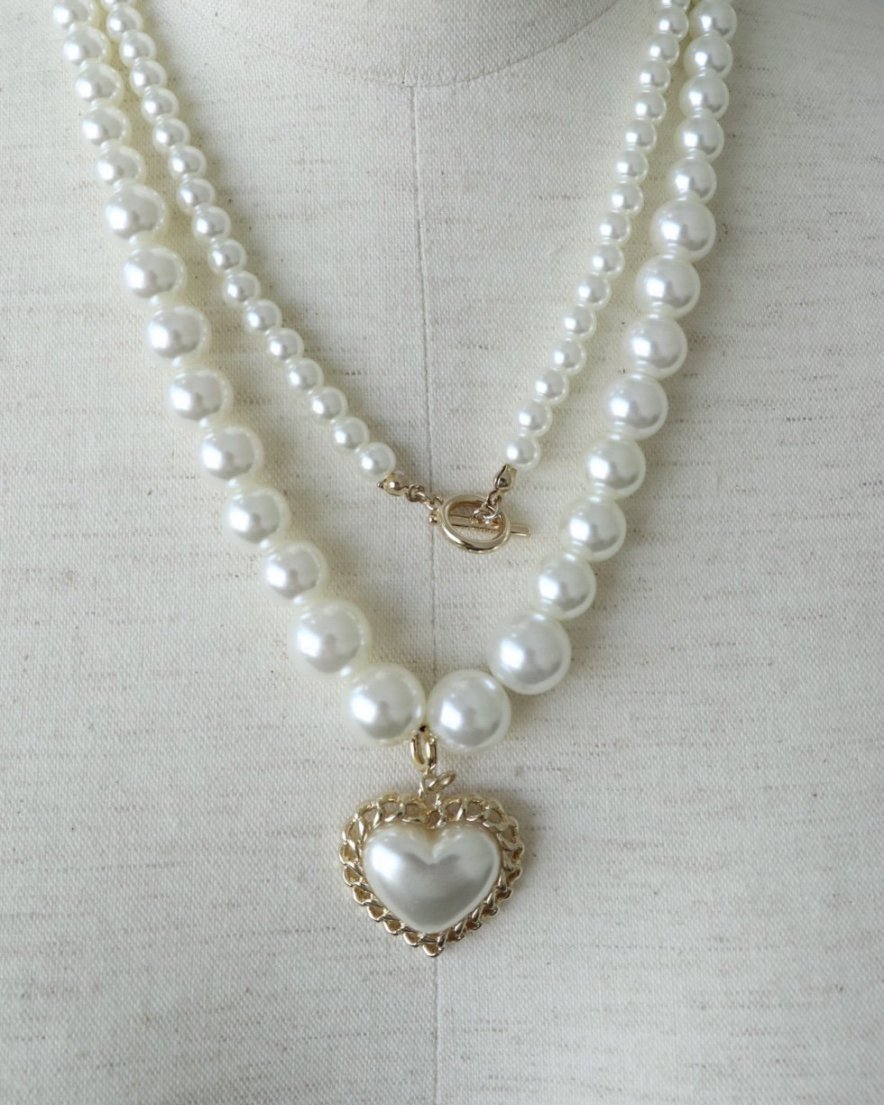 Impact Pearl Heart Chain <br>Double-layered Pearl Necklace<br>(GD/SV)