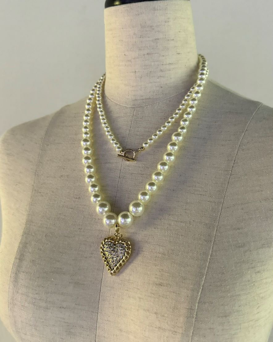 ͽImpact Bijoux Heart Chain <br>Double-layered Pearl Necklace<br>(GD/SV)