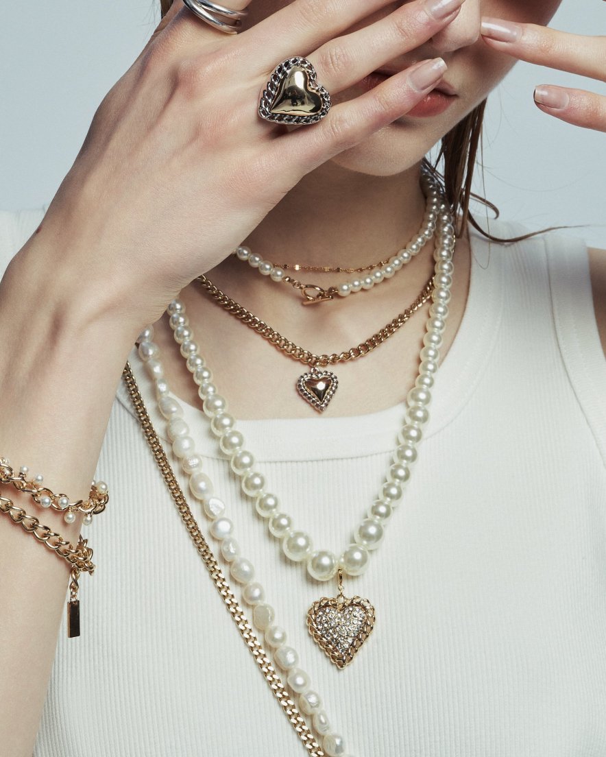 Impact Bijoux Heart Chain <br>Double-layered Pearl Necklace<br>(GD/SV)