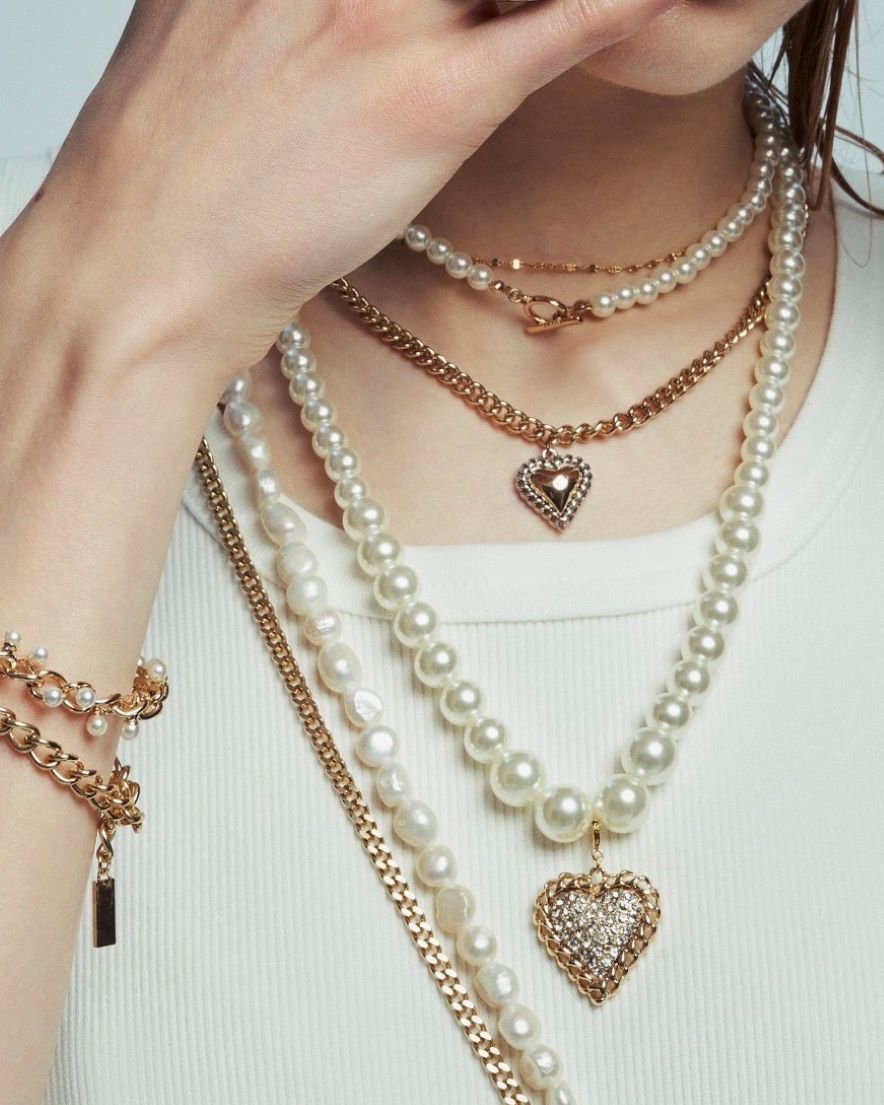 Impact Bijoux Heart Chain <br>Double-layered Pearl Necklace<br>(GD/SV)