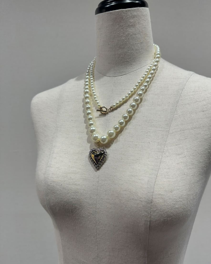 ͽImpact Heart Chain <br>Double-layered Pearl Necklace<br>(GDMIX/SVMIX)