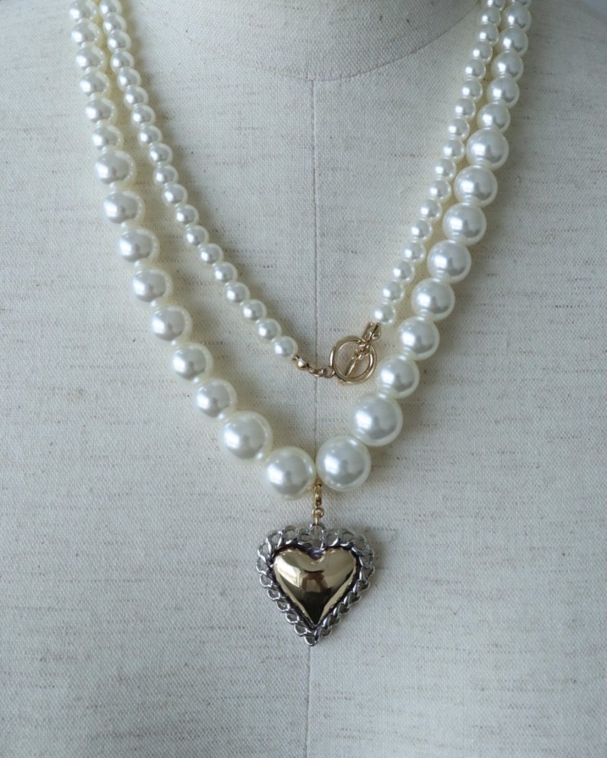 Impact Heart Chain <br>Double-layered Pearl Necklace<br>(GDMIX/SVMIX)