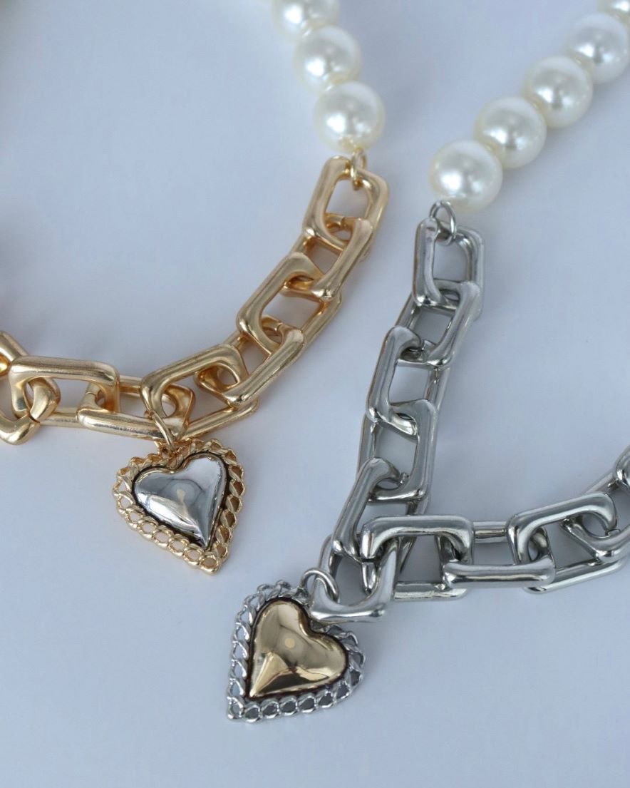 Impact Heart Chain<br> with Pearl Chain Necklace(GD/SV)