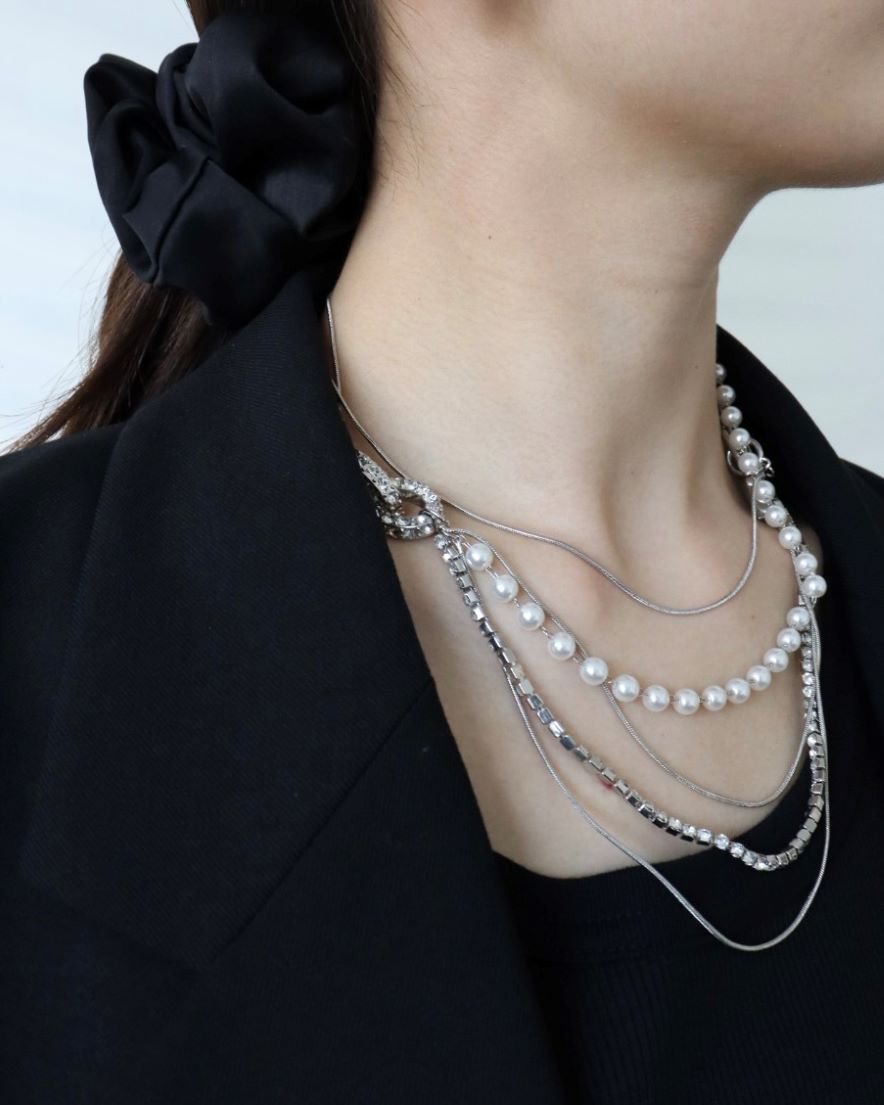 Pearl Chandelier Overlapping <br>Chain Necklace(GD/SV)