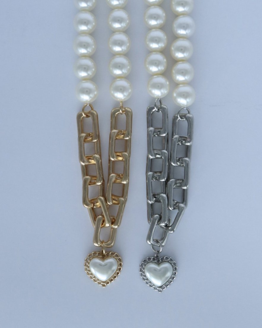 Impact Pearl Heart Chain <br>with Pearl Chain Necklace<br>(GD/SV)