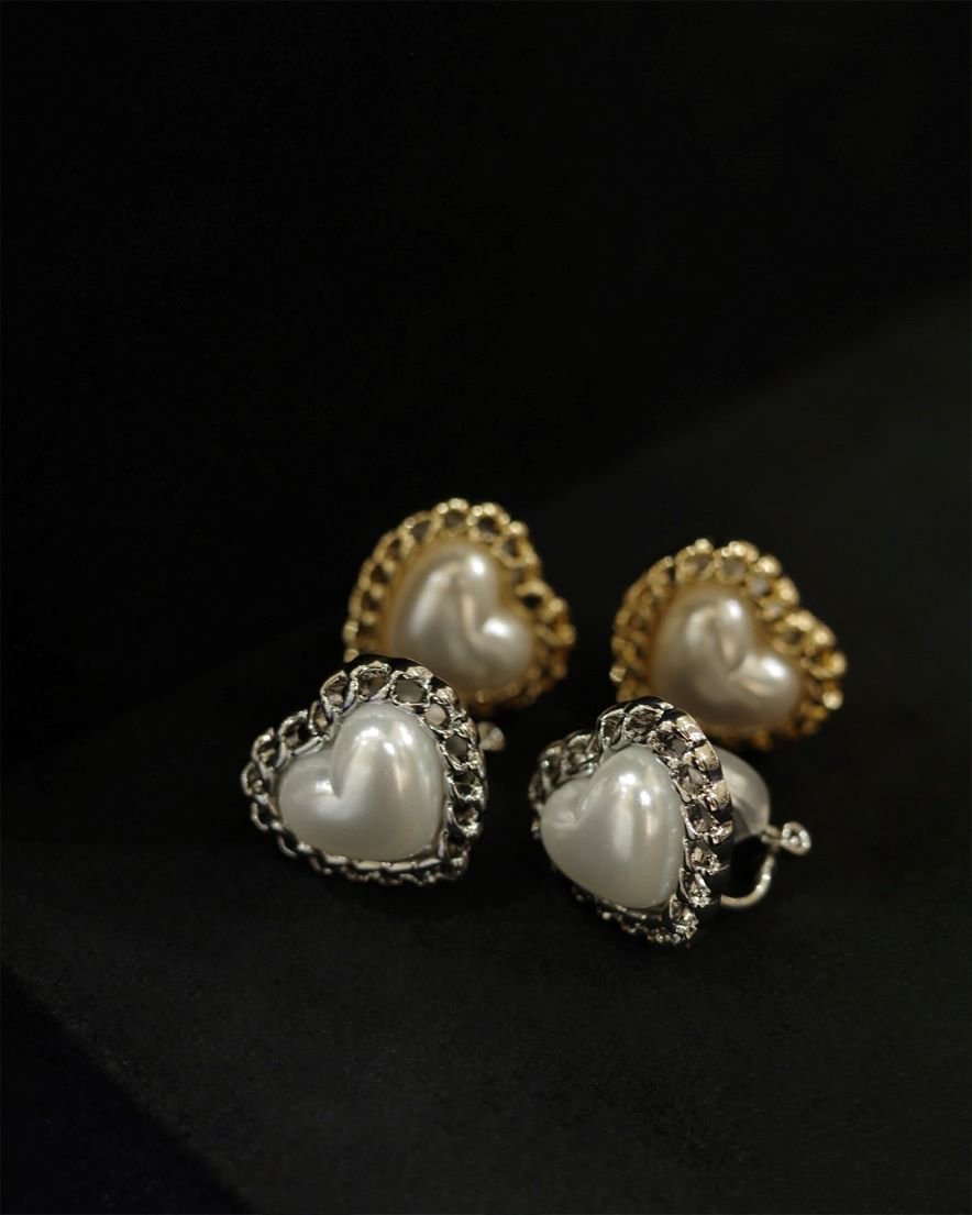 Pearl Heart Chain Earring<br>(GD/SV)