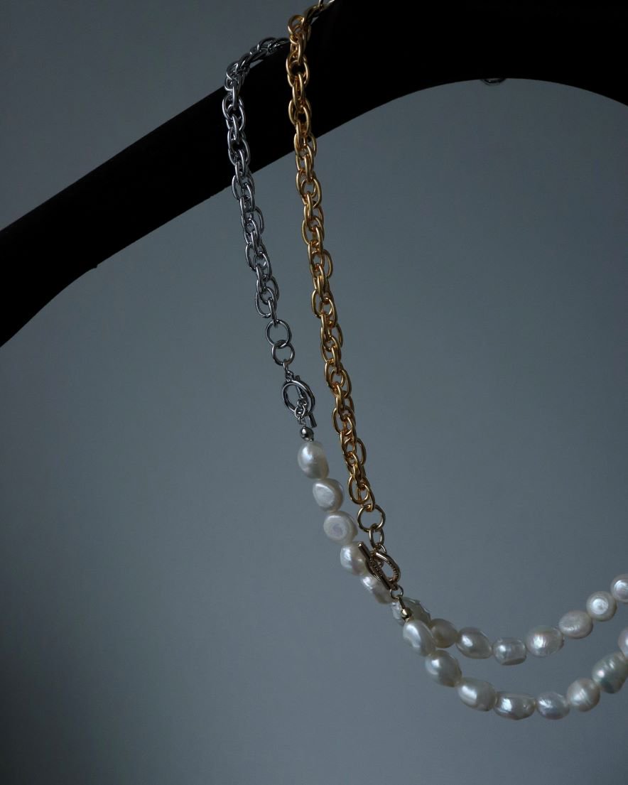 Pearl Mix Multi Necklace and <br>Double Circle Bracelet<br>(GD/SV)