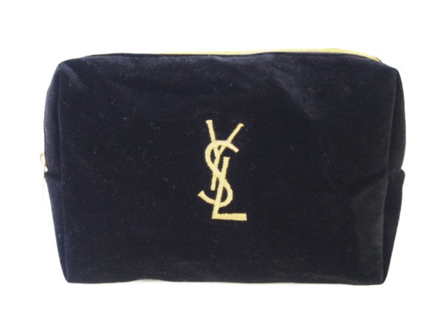 【Used 展示品】イブサンローラン Yves Saint Laurent ノベルティ コスメポーチ ベロア生地 YSL ゴールド刺繍ロゴ 黒 ブラックの商品画像