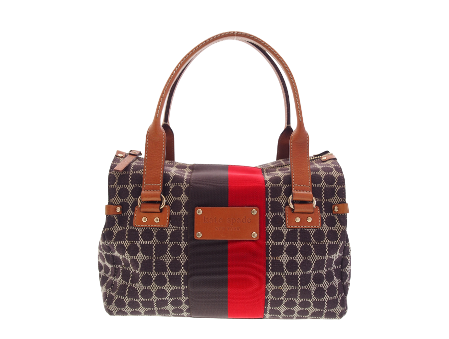 【Used 通常品】ケイトスペード kate spade ハンドバッグ ミニボストン CLASSIC NOEL STEVIE ノエル柄  ダブルロック開閉 ジャガード×レザー ブラウン/レッド P091 - ブランドジャックリスト