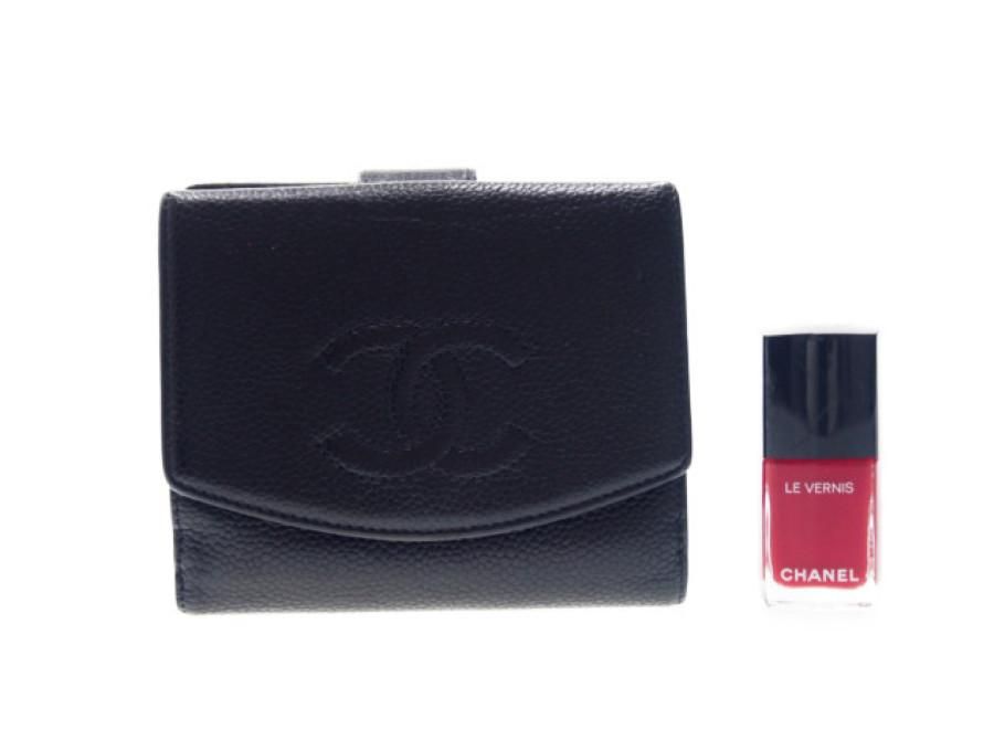 【Used 通常品】シャネル CHANEL 二つ折り財布 キャビアスキン CC 型押しココマーク Wホック ブラック - ブランドジャックリスト