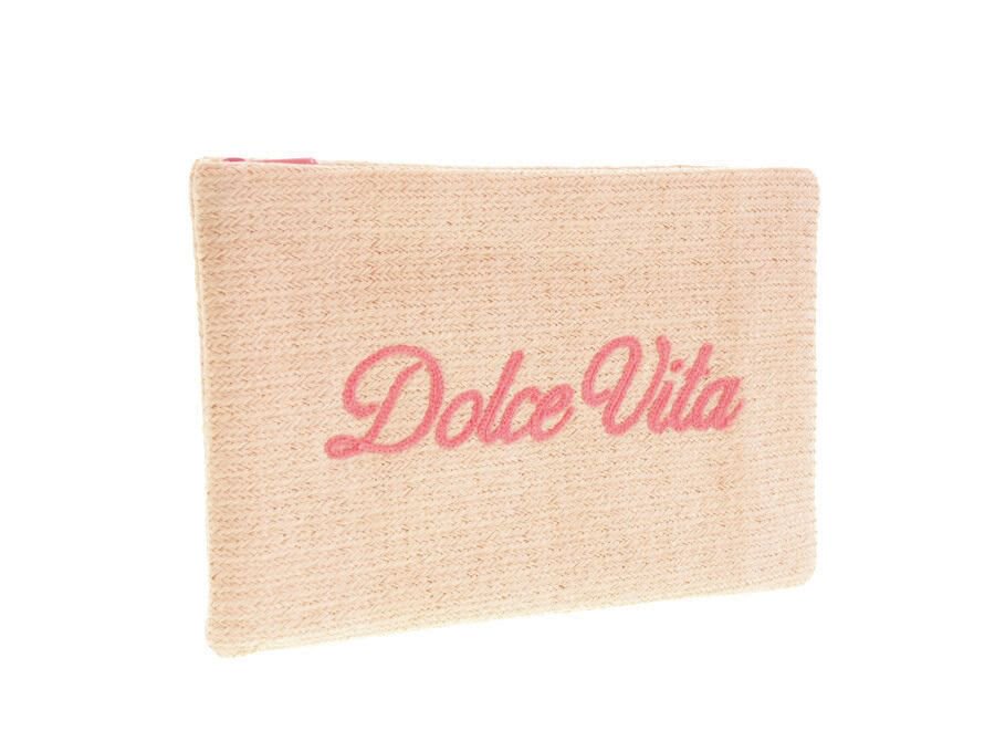 【Used 未使用】クリスチャンディオール Dior ノベルティ ポーチ ドルチェヴィータ Dolce Vita ストロー織り ベージュ ピンク刺繍  - ブランドジャックリスト