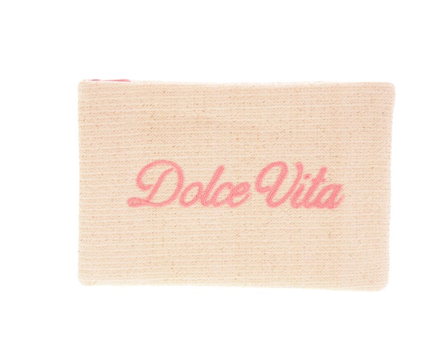 【Used 未使用】クリスチャンディオール Dior ノベルティ ポーチ ドルチェヴィータ Dolce Vita ストロー織り ベージュ ピンク刺繍の商品画像