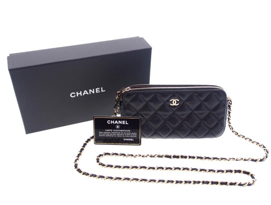 Used 美品】シャネル CHANEL マトラッセ チェーンウォレット 財布 キャビアスキン Wファスナー ブラック ゴールド金具 箱＆ギャランティーカード  保存袋有り - ブランドジャックリスト