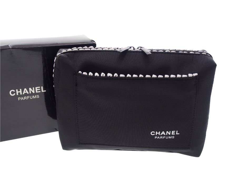 Used 未使用】シャネル CHANEL PARFUMS ノベルティ コスメポーチ 外ポケット付き Wファスナーポーチ 縁取りレース 黒 ブラック  箱付き パフューム ヴィンテージ - ブランドジャックリスト