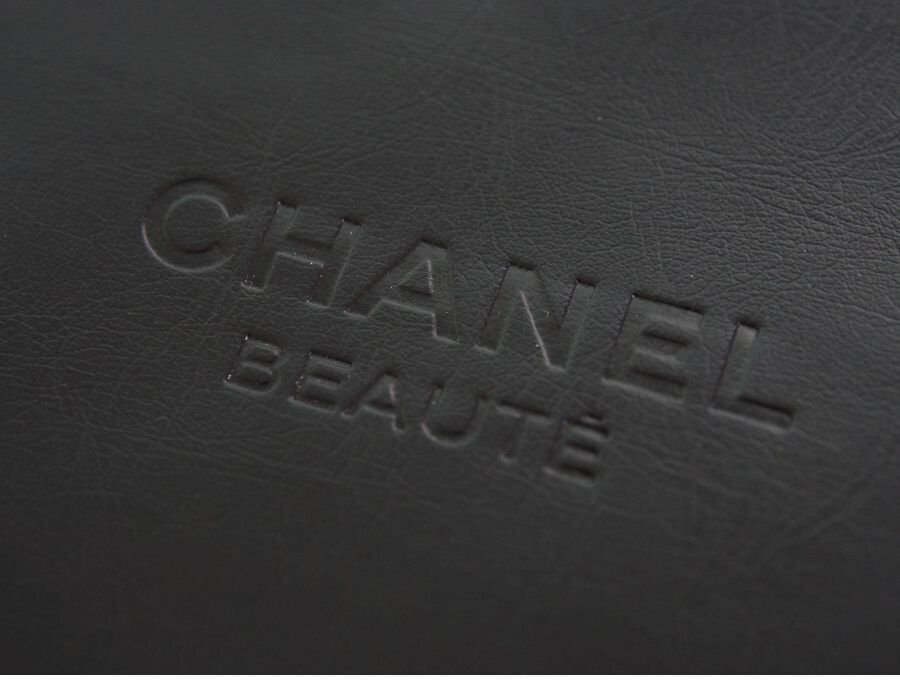 【Used 開封品】 シャネル CHANEL ノベルティ コスメポーチ アイコン柄 アイシャドウパレット リップスティック 香水N°5 ブラック 黒  ゴールドファスナー BEAUTE ビューティー - ブランドジャックリスト