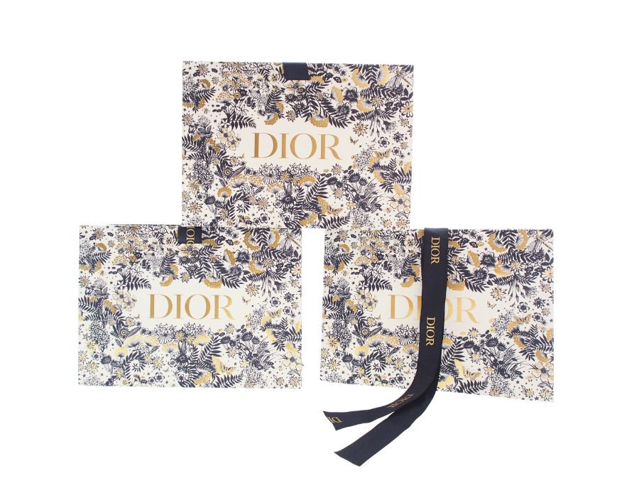 【Used 開封品】 クリスチャンディオール Dior ブランド紙袋 ショッパーバッグ SHOPPER 3枚セット 2021 ホリデーシーズン限定  ラッピング袋 ボタニカル柄 草花 紺色リボン - ブランドジャックリスト