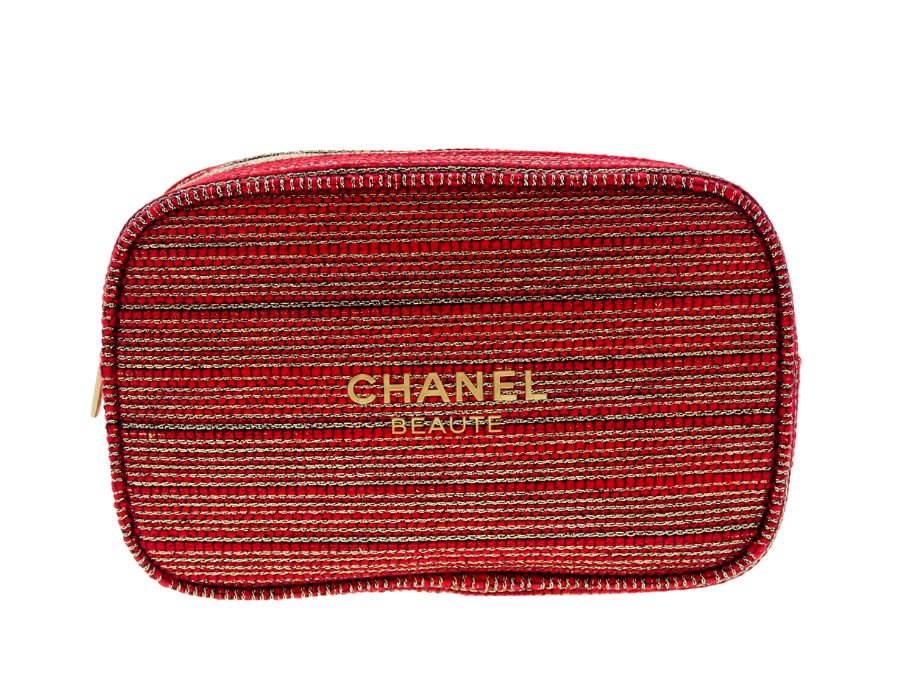 シャネル BEAUTE ノベルティ コスメポーチ ツイードポーチ レッド×ゴールド ラメ ホリデー クリスマス イベント限定 2022 CHANEL【Used  開封品】 - ブランドジャックリスト