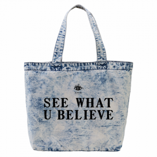 YONOA デニムトートバッグ「SEE WHAT U BELIEVE」(ケミカルウオッシュ）の商品画像
