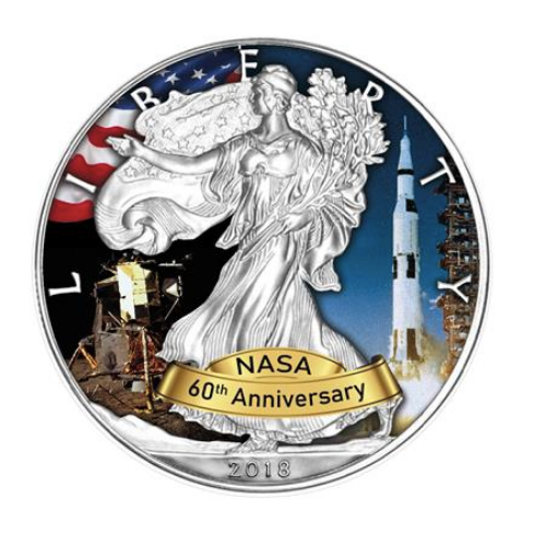 2018年 アメリカ イーグル銀貨 NASA60周年「アポロ計画」カラー 1オンス 専用カードケース付 