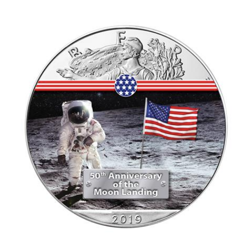 2019年 アメリカ イーグル銀貨 NASA「月面着陸」50周年カラー 1オンス 専用カードケース付 
