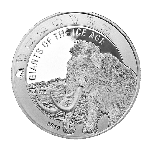 2019 ガーナ 氷河期の巨大動物『マンモス』1オンス地金型銀貨  クリアケース付 限定15000 新品