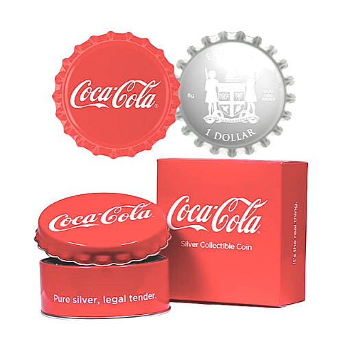 2018年 フィジー 『コカ・コーラボトルキャップ』 6gカラープルーフ銀貨 専用缶付