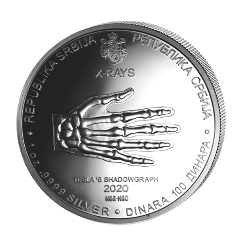 2020 セルビア『ニコラテスラ・X線』地金型銀貨 1オンス クリアケース付 新品未使用