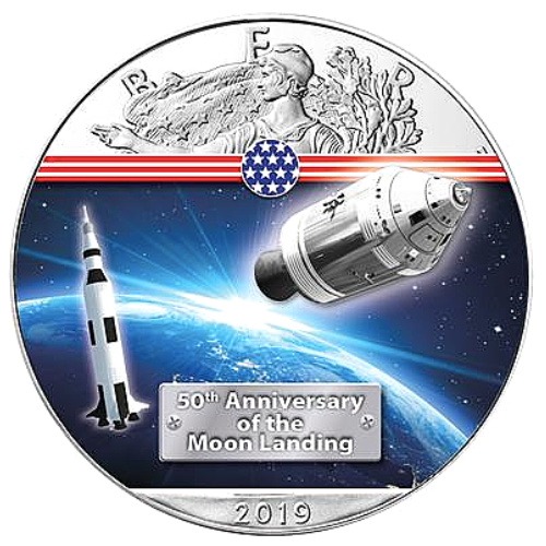 2019アメリカ 『月面着陸50周年アポロ11記念』イーグルカラー地金型銀貨 1オンス 新品未使用 クリアケース付 