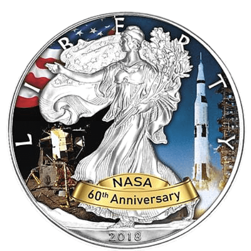 2018アメリカ 『NASA創立60周年アポロ計画』イーグルカラー地金型銀貨 1オンス 新品未使用 カプセルケース付 |恵比寿コイン