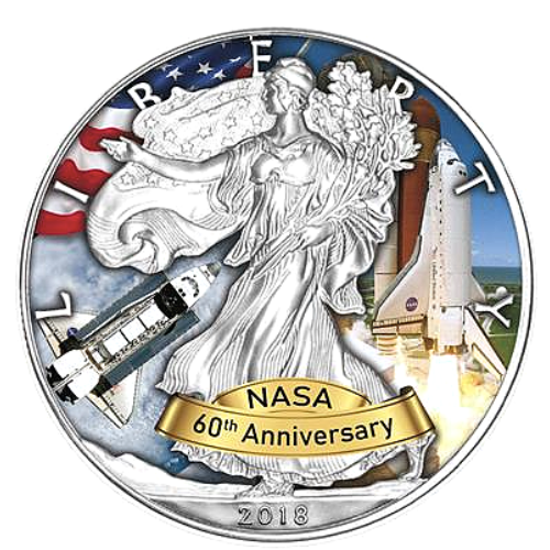 2018アメリカ 『NASA創立60周年スペースシャトル計画』イーグルカラー地金型銀貨 1オンス 新品未使用 クリアケース付 