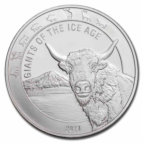 2021ガーナ 氷河期の巨大動物『オーロックス』1オンス 地金型銀貨 クリアケース付 限定15000枚 新品