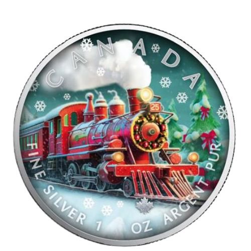 2023カナダ メイプル『クリスマストレイン』カラー地金型銀貨  1オンス 製品カードクリアケース付き 新品 限定2023