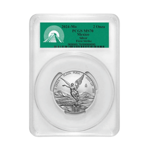 PCGS MS70 2024年 メキシコ リベルタード 地金型銀貨 2オンス 発行30日以内 クリアケース付
