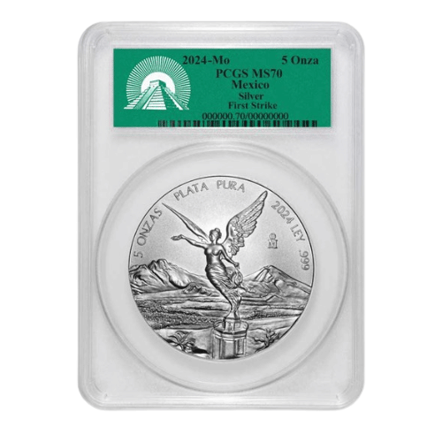 PCGS MS70 2024年 メキシコ リベルタード 地金型銀貨 5オンス 発行30日以内 クリアケース付