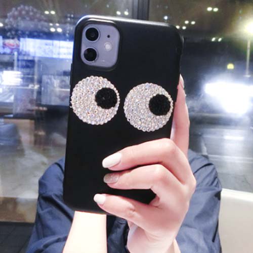 即発 Iphone11キラキラストーンの目がかわいいブラックスマホケース黒iphone11スマホケース かわいいiphone Galaxy Huawei スマホケース イヤホンケース