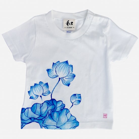 キッズ 蓮柄Tシャツ ホワイト 手描きで描いた和風の蓮の花柄Tシャツ