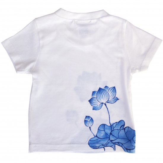 キッズ 蓮柄Tシャツ ホワイト 手描きで描いた和風の蓮の花柄Tシャツ - 手描きＴシャツのお店niko