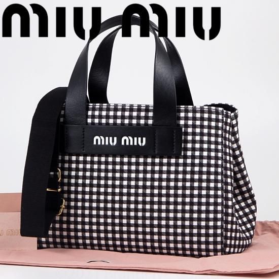 ミュウミュウ miumiu ハンドバッグ ギンガムチェック トートバッグ キャンバス ブラック 5BA085 中古 レディース