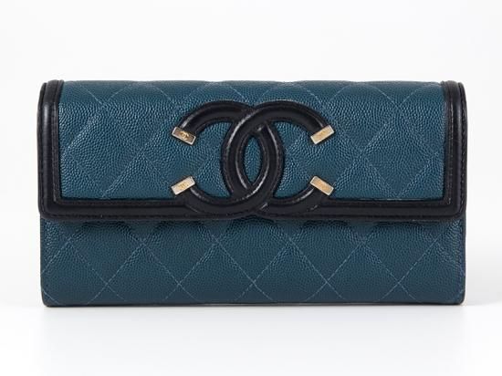 シャネル CHANEL 長財布 CCフィリグリー ロングフラップウォレット キャビアスキン ネイビー ブラック A84448