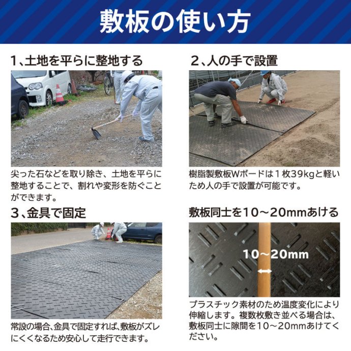 プラスチック敷板Wボード48 板厚13mm 40kg 滑り止め片面タイプ 黒