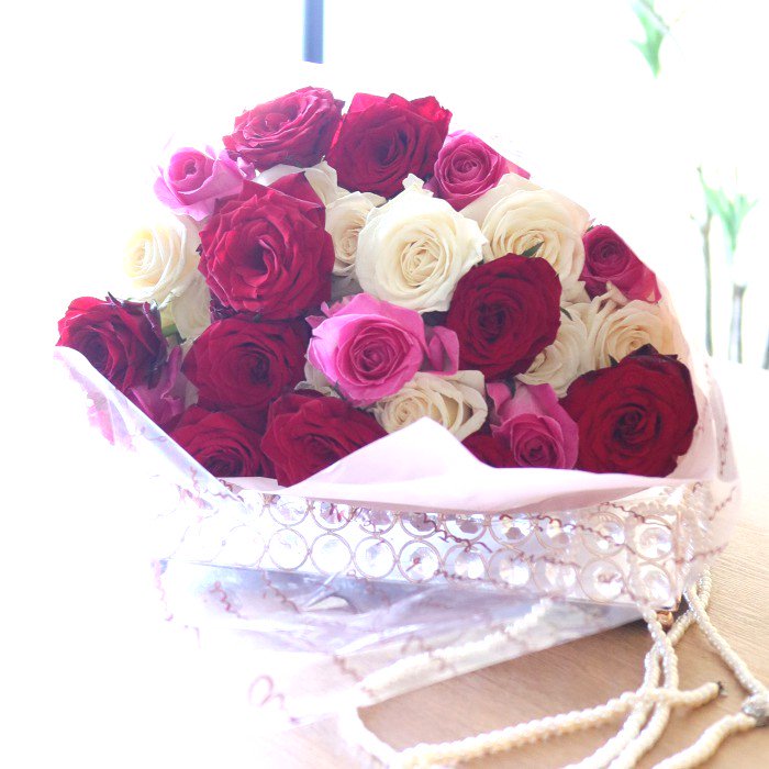 バラ花束】赤白ピンク 3色ミックス25本‐サムライフラワー