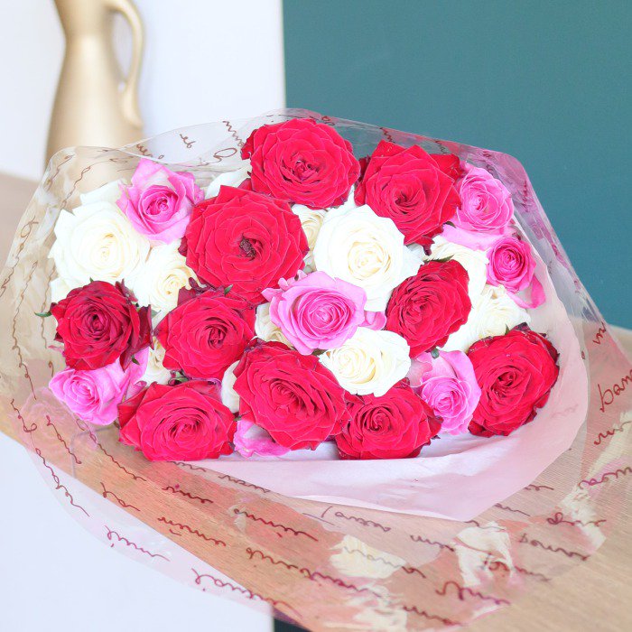 バラ花束 赤白ピンク 3色ミックス 25本